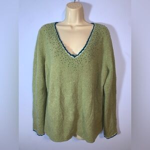 Linden Hill Green V-Neck Women's blue beaded Sweater XXL wool nylon mohair